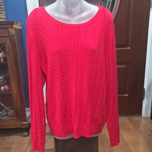 IZOD Vibrant Red Scoop Neck Cable Knit Sweater, Crest Emblem On Chest